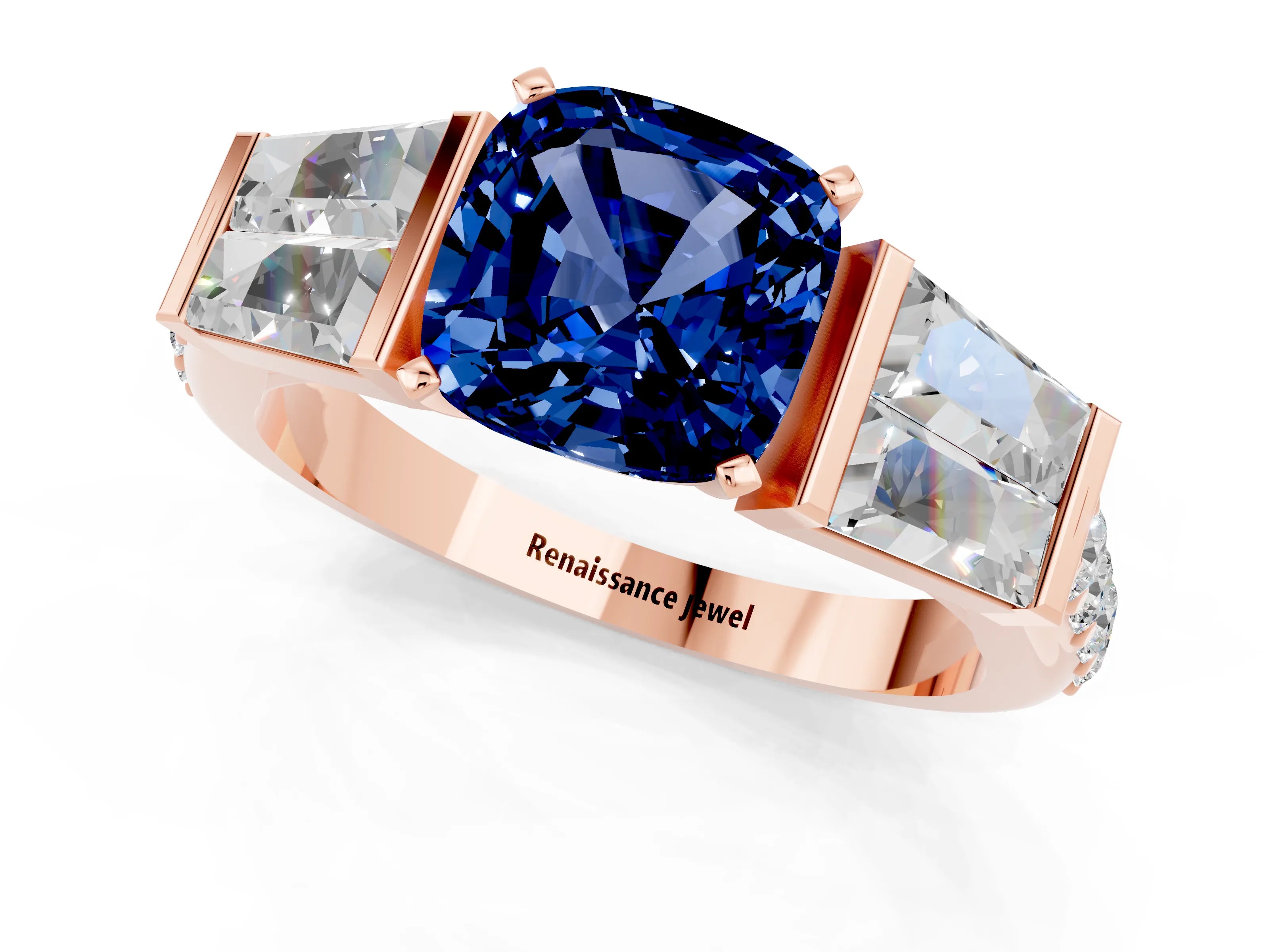 Rose gold Cushion Cut Blue Sapphire Engagement Ring with Baguette Side Stones and Channel Set Band_1