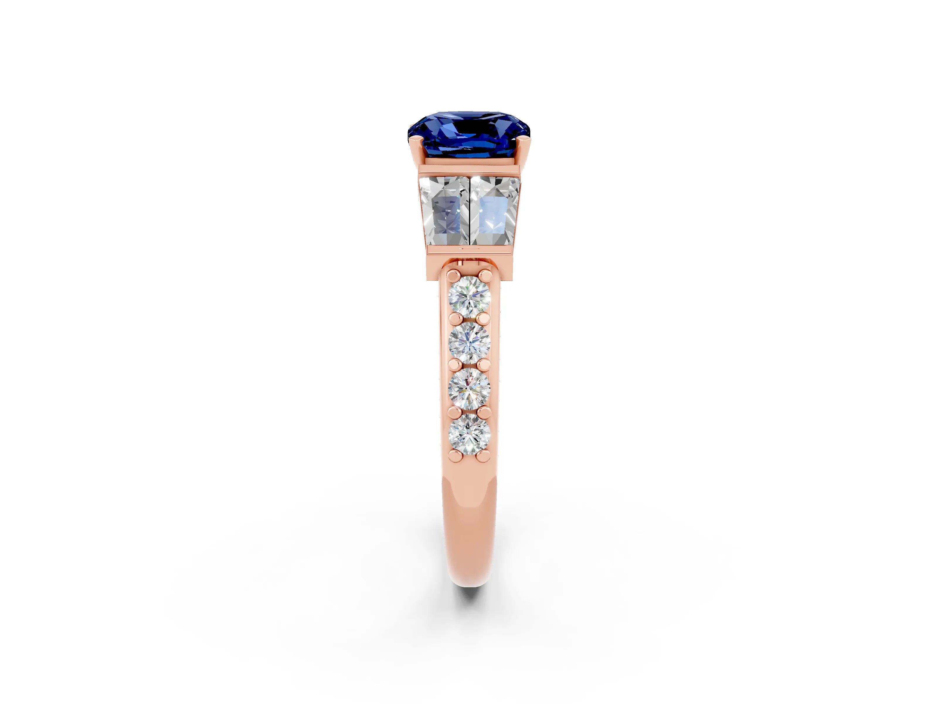 Rose gold Cushion Cut Blue Sapphire Engagement Ring with Baguette Side Stones and Channel Set Band_2
