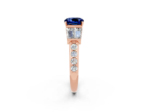 Rose gold Cushion Cut Blue Sapphire Engagement Ring with Baguette Side Stones and Channel Set Band_2