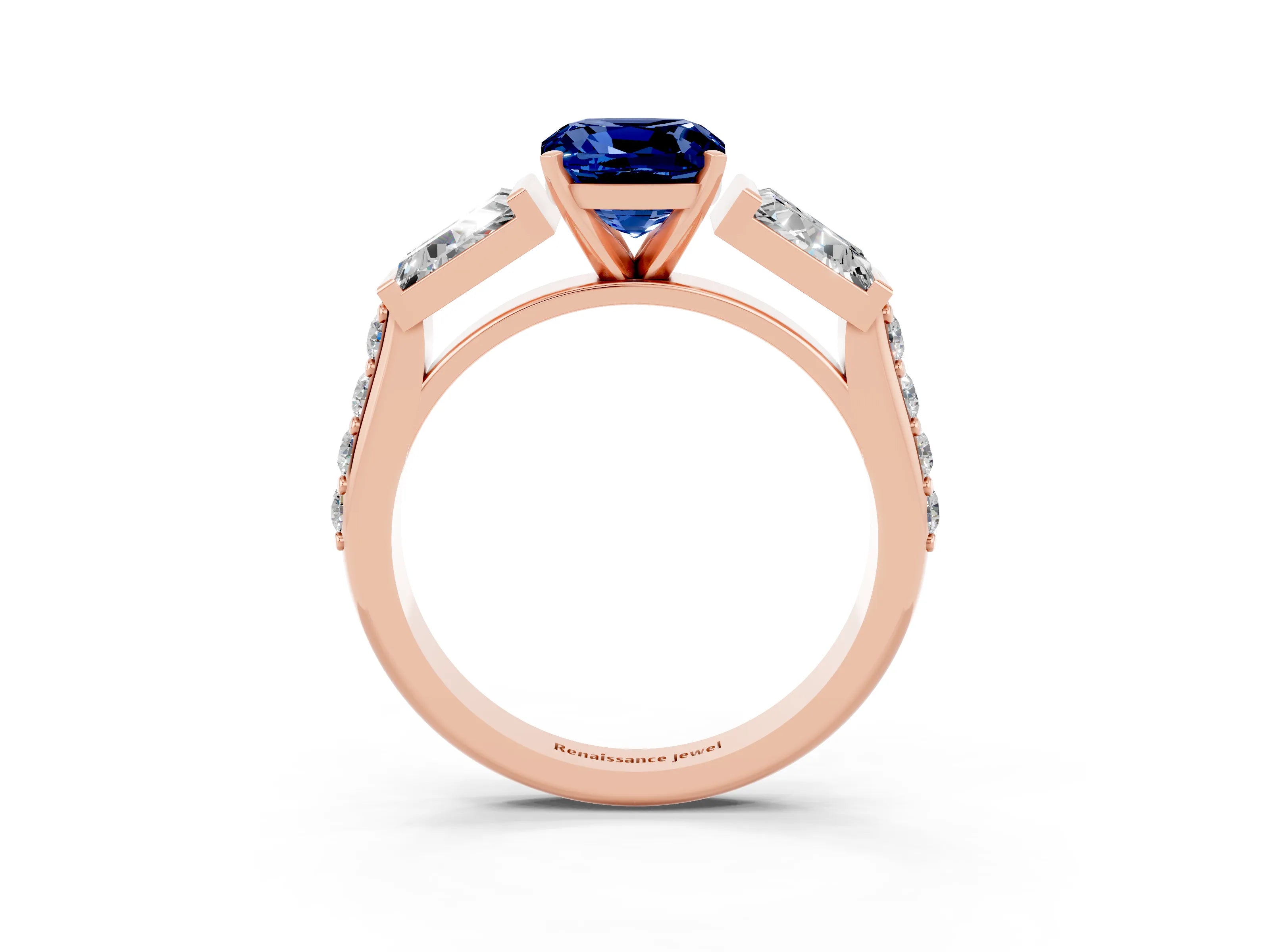 Rose gold Cushion Cut Blue Sapphire Engagement Ring with Baguette Side Stones and Channel Set Band_3
