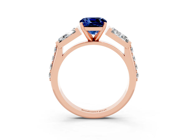 Rose gold Cushion Cut Blue Sapphire Engagement Ring with Baguette Side Stones and Channel Set Band