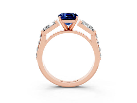 Rose gold Cushion Cut Blue Sapphire Engagement Ring with Baguette Side Stones and Channel Set Band_3