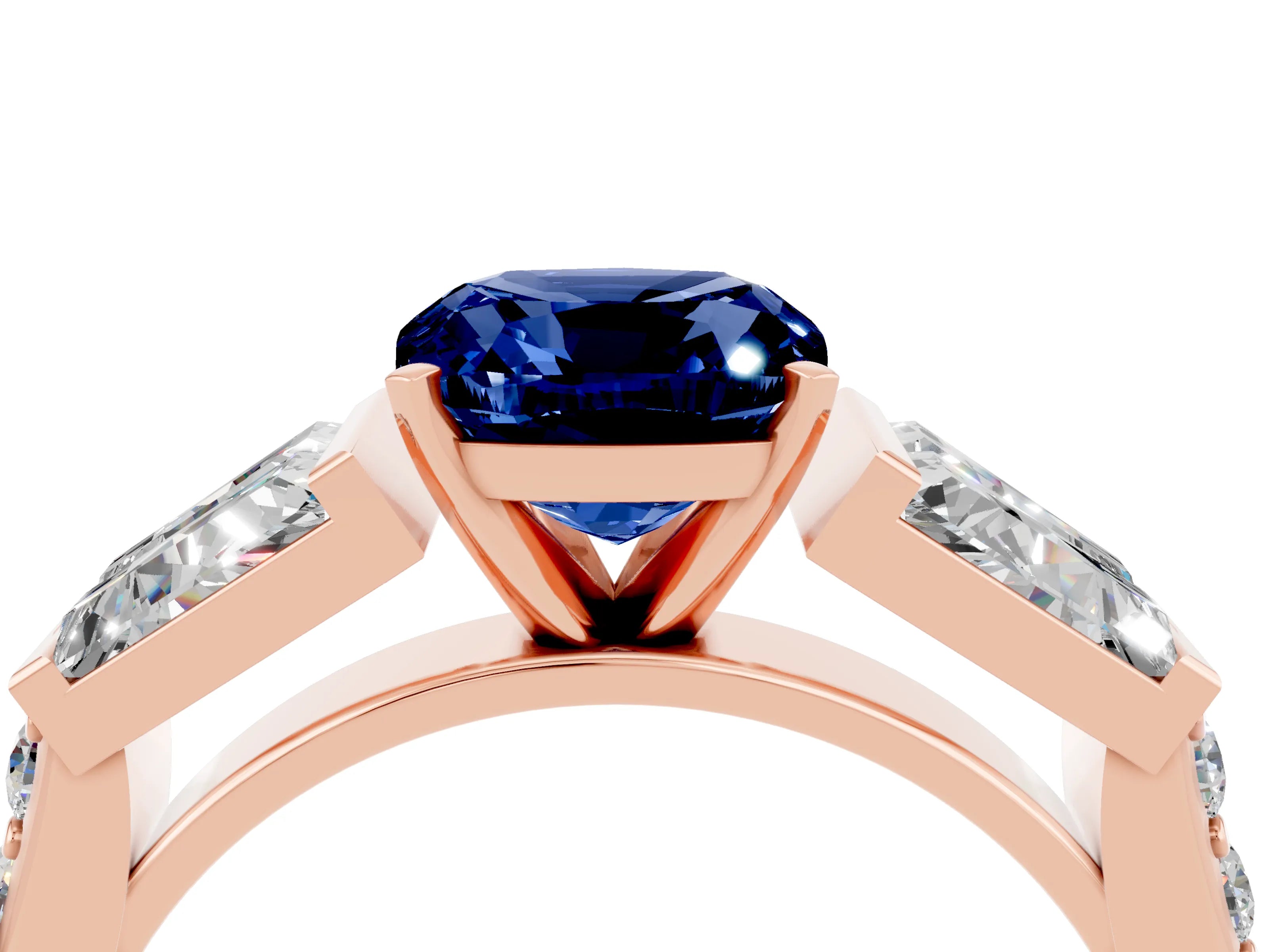 Rose gold Cushion Cut Blue Sapphire Engagement Ring with Baguette Side Stones and Channel Set Band_4