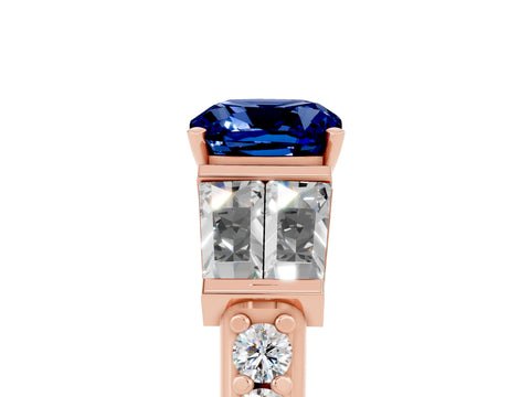 Rose gold Cushion Cut Blue Sapphire Engagement Ring with Baguette Side Stones and Channel Set Band_5