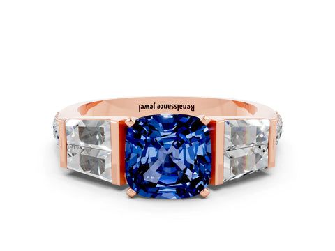 Rose gold Cushion Cut Blue Sapphire Engagement Ring with Baguette Side Stones and Channel Set Band