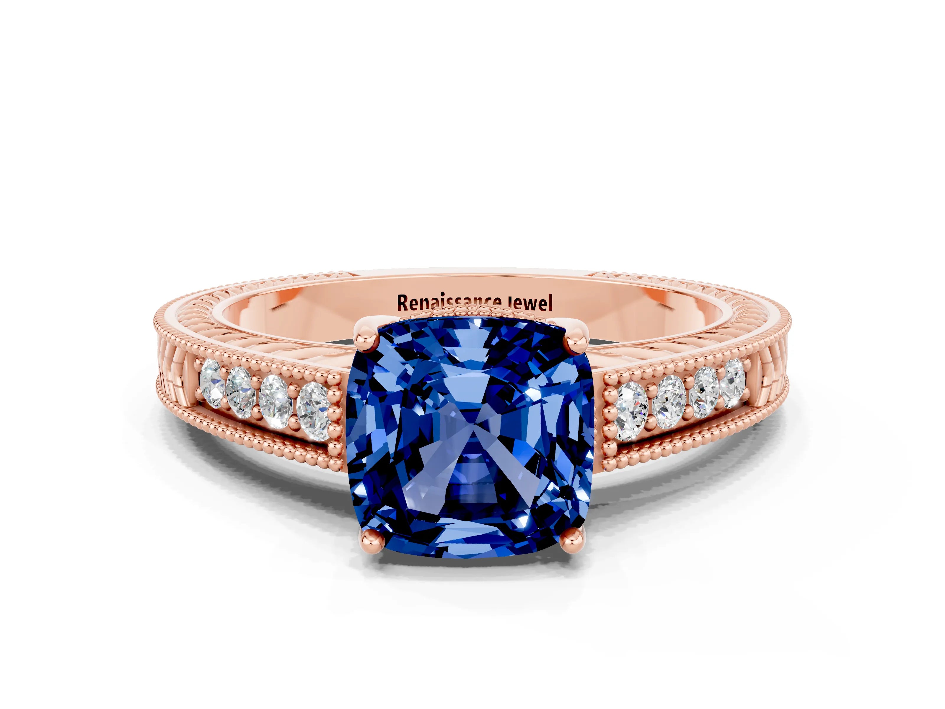 Rose gold Cushion Cut Blue Sapphire Engagement Ring with Milgrain Channel Set Band and Prong Setting