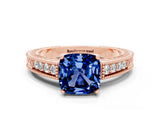 Rose gold Cushion Cut Blue Sapphire Engagement Ring with Milgrain Channel Set Band and Prong Setting