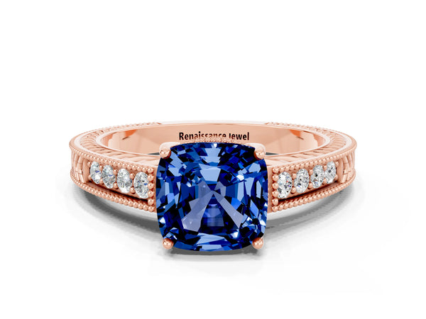 Rose gold Cushion Cut Blue Sapphire Engagement Ring with Milgrain Channel Set Band and Prong Setting