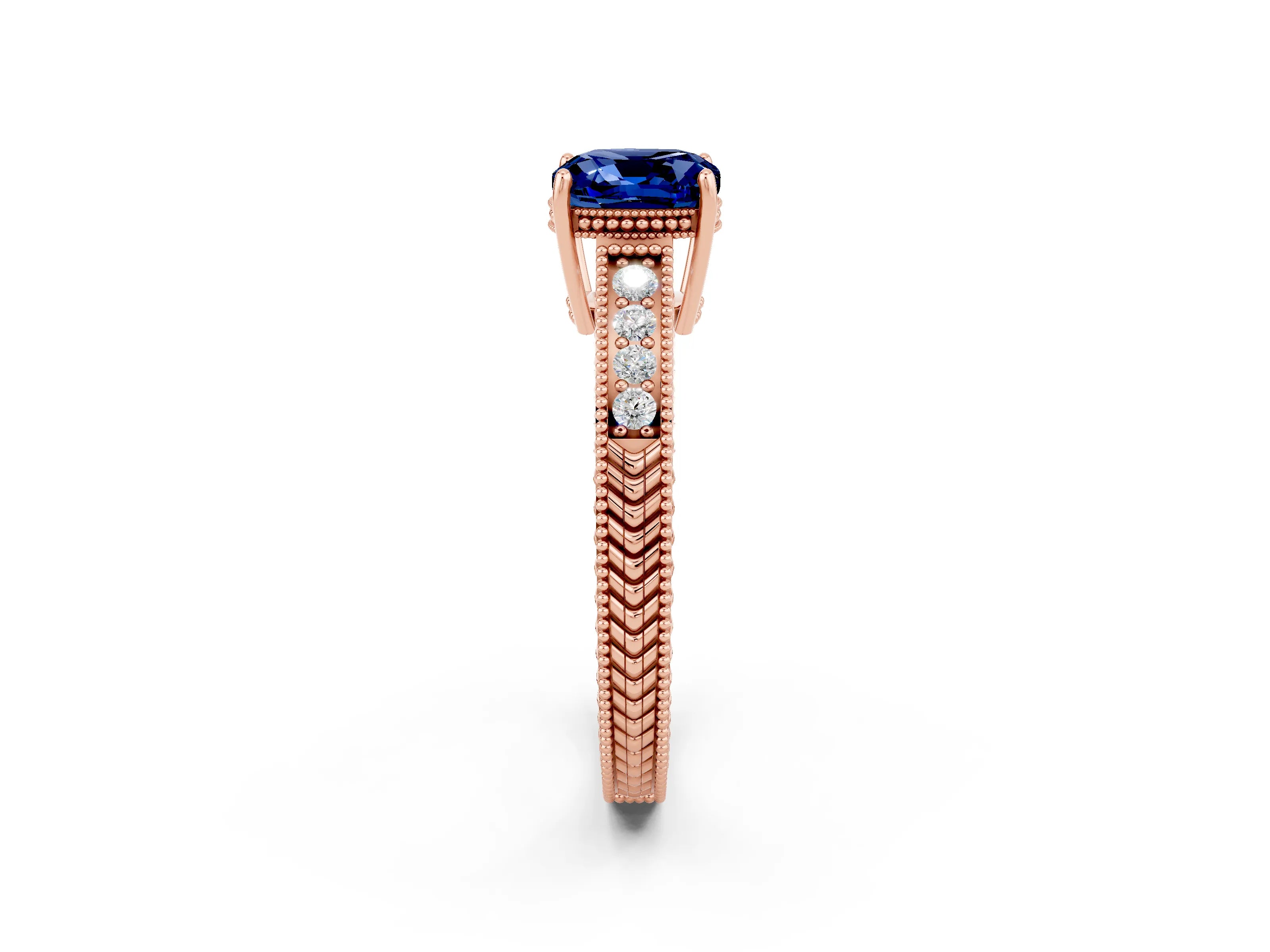 Rose gold Cushion Cut Blue Sapphire Engagement Ring with Milgrain Channel Set Band and Prong Setting_2
