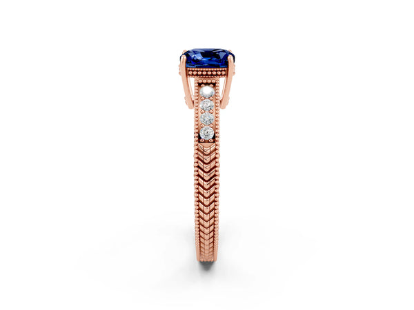 Rose gold Cushion Cut Blue Sapphire Engagement Ring with Milgrain Channel Set Band and Prong Setting