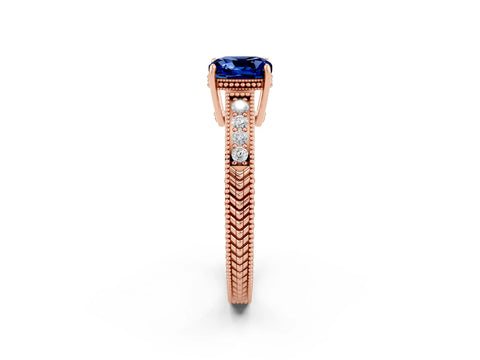 Rose gold Cushion Cut Blue Sapphire Engagement Ring with Milgrain Channel Set Band and Prong Setting_2