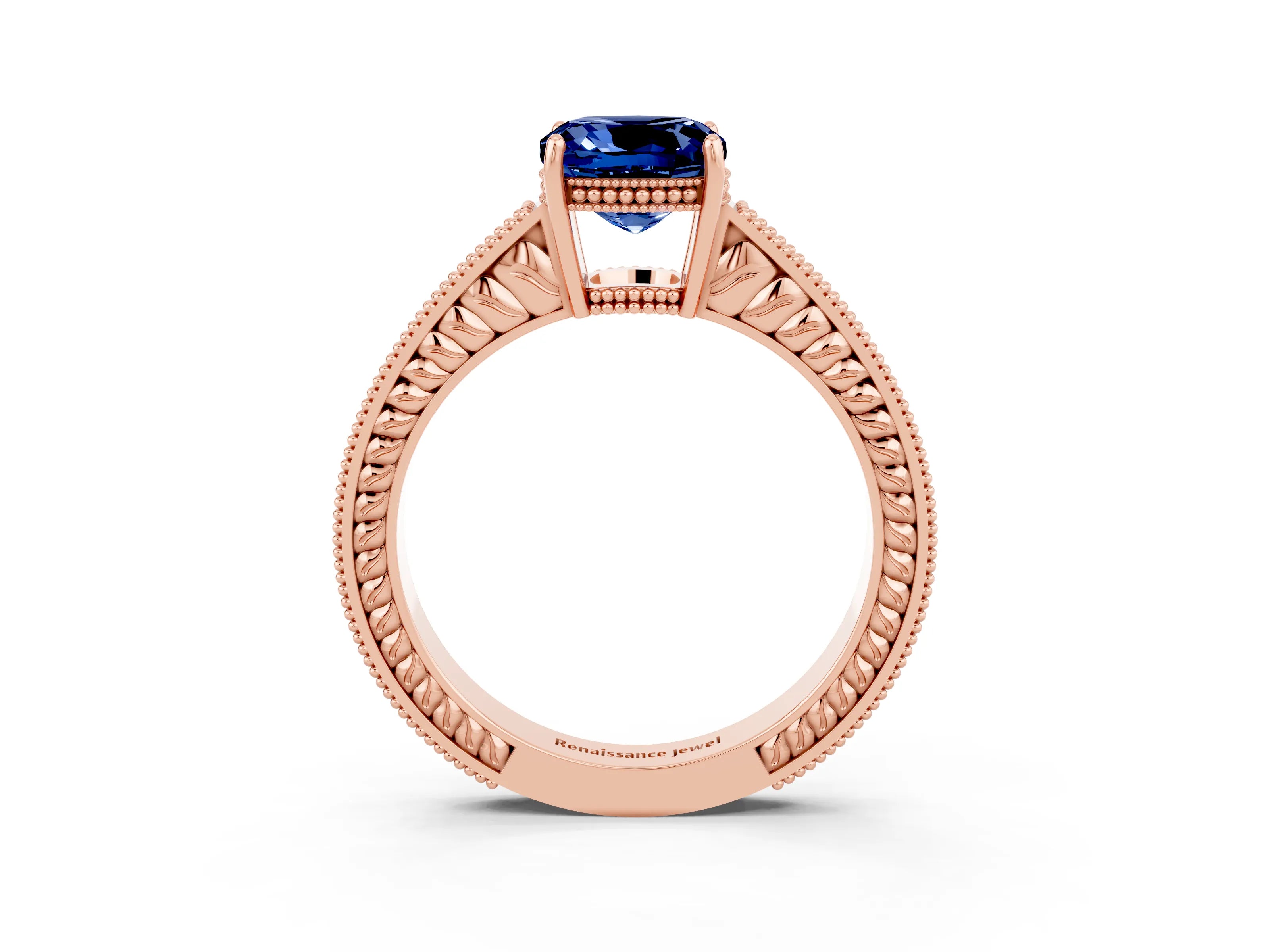 Rose gold Cushion Cut Blue Sapphire Engagement Ring with Milgrain Channel Set Band and Prong Setting_3