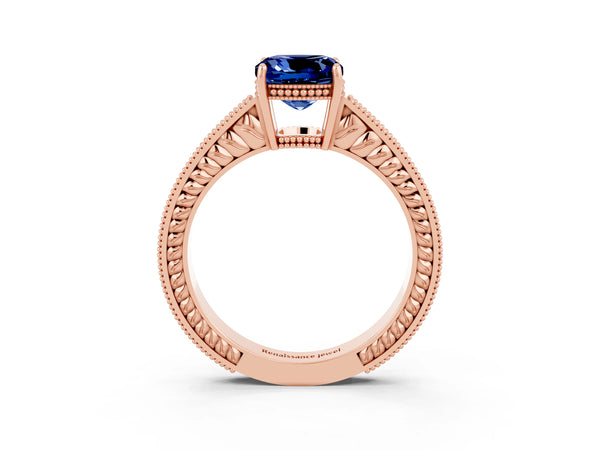 Rose gold Cushion Cut Blue Sapphire Engagement Ring with Milgrain Channel Set Band and Prong Setting