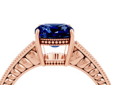 Rose gold Cushion Cut Blue Sapphire Engagement Ring with Milgrain Channel Set Band and Prong Setting_4
