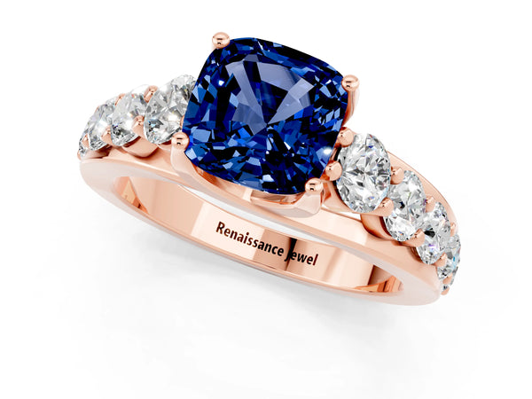 Rose gold Cushion Cut Blue Sapphire Engagement Ring with Pavé Band and Four-Prong Setting