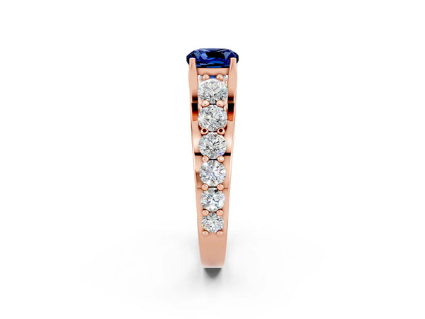Rose gold Cushion Cut Blue Sapphire Engagement Ring with Pavé Band and Four-Prong Setting