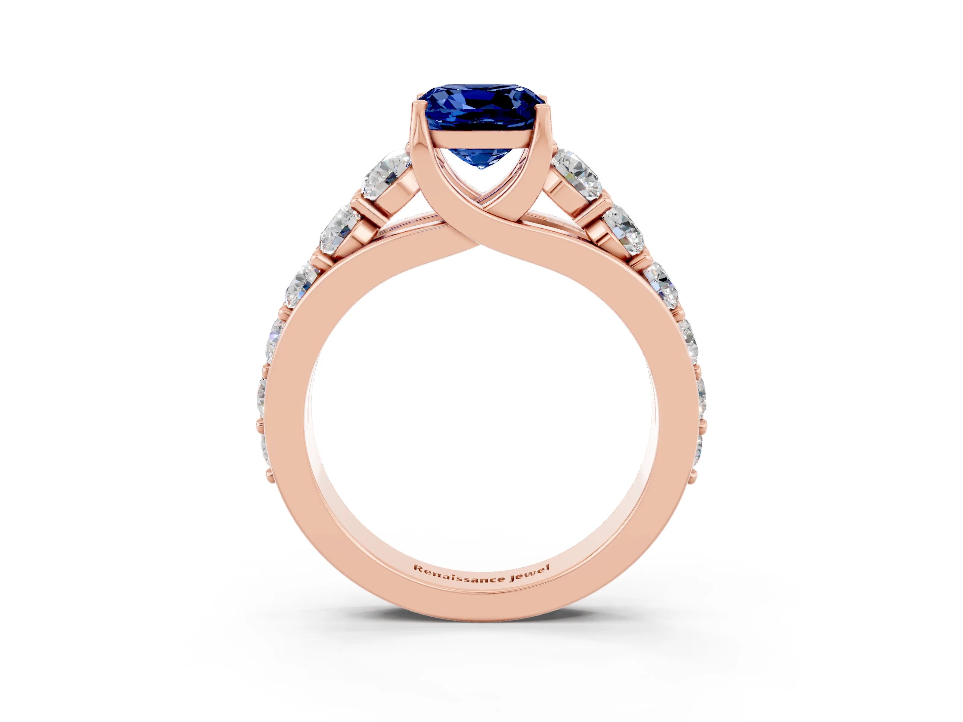 Rose gold Cushion Cut Blue Sapphire Engagement Ring with Pavé Band and Four-Prong Setting_3