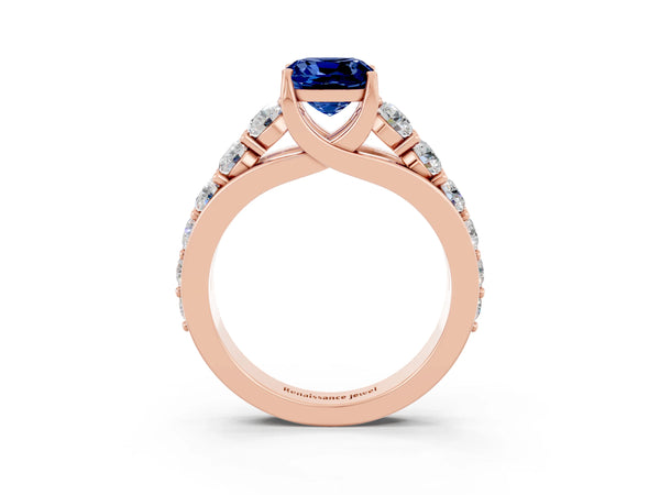 Rose gold Cushion Cut Blue Sapphire Engagement Ring with Pavé Band and Four-Prong Setting