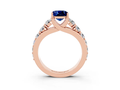 Rose gold Cushion Cut Blue Sapphire Engagement Ring with Pavé Band and Four-Prong Setting_3