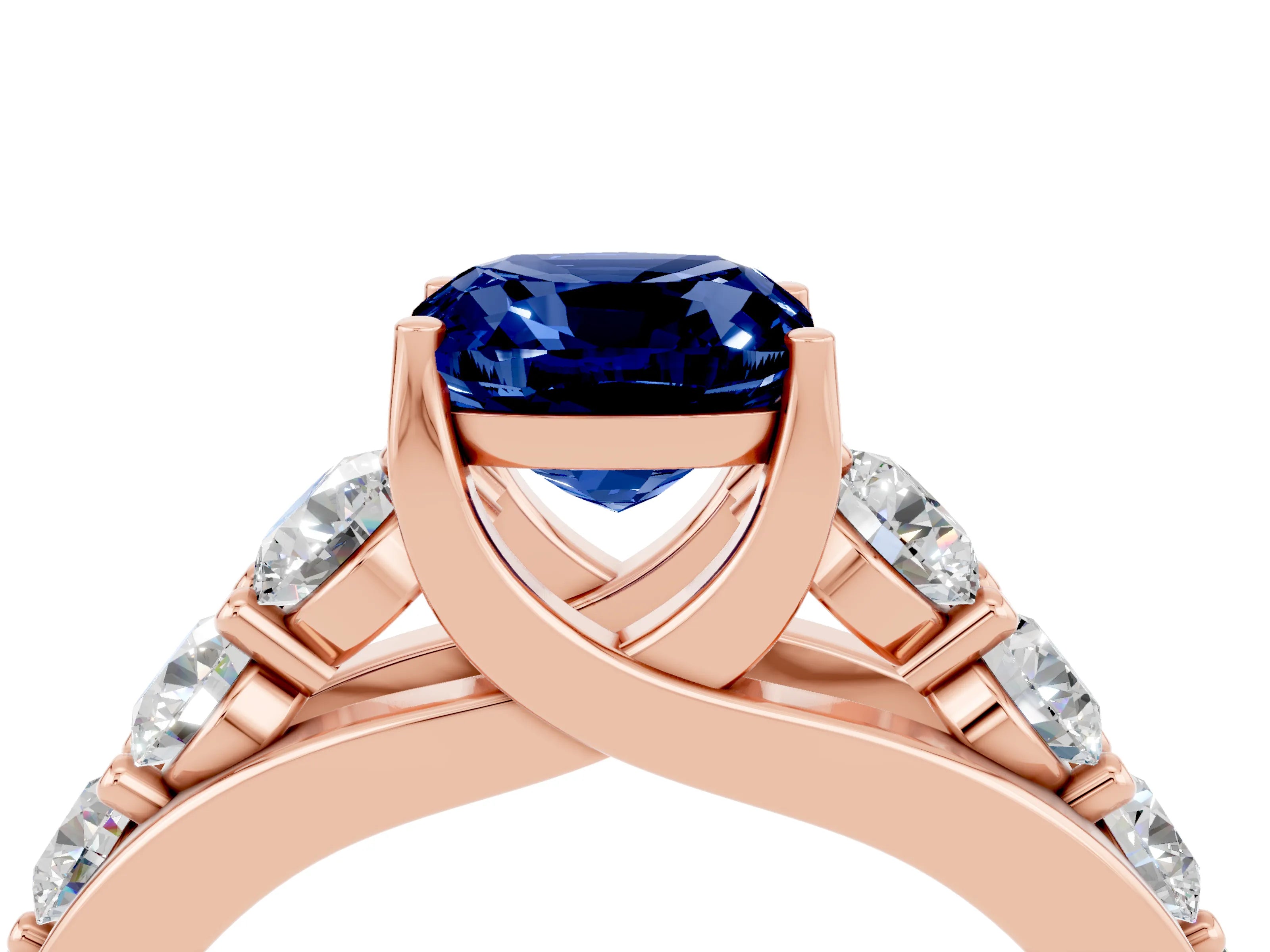 Rose gold Cushion Cut Blue Sapphire Engagement Ring with Pavé Band and Four-Prong Setting_4