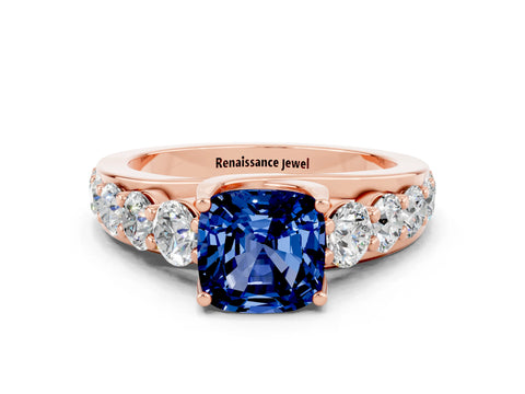Rose gold Cushion Cut Blue Sapphire Engagement Ring with Pavé Band and Four-Prong Setting