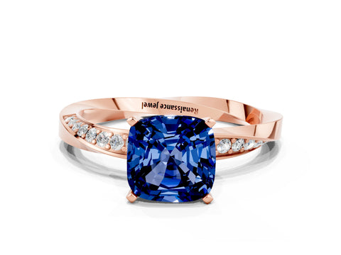 Rose gold Cushion Cut Blue Sapphire Engagement Ring with Side Stone Accents and Four-Prong Setting_27