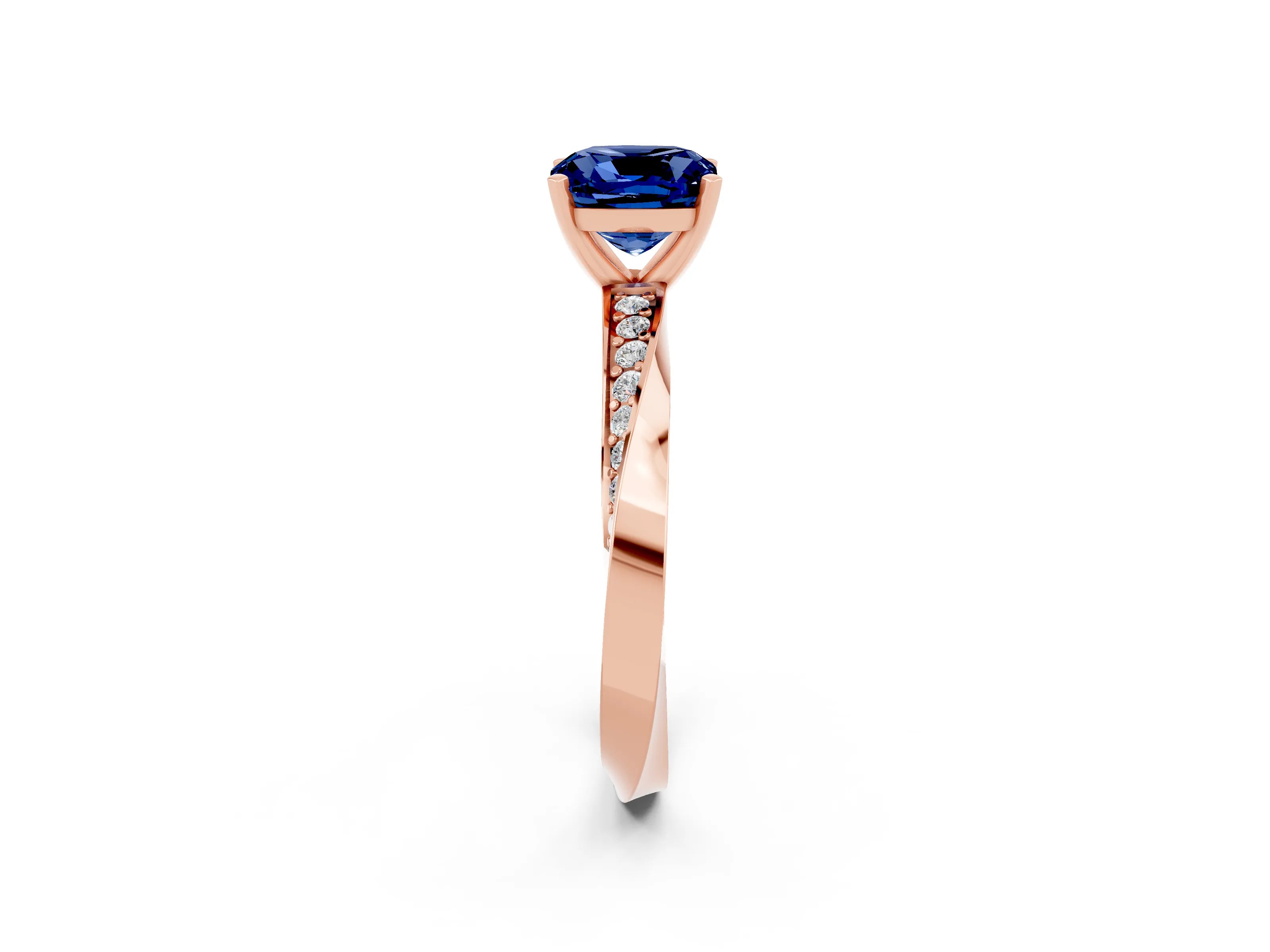 Rose gold Cushion Cut Blue Sapphire Engagement Ring with Side Stone Accents and Four-Prong Setting_29