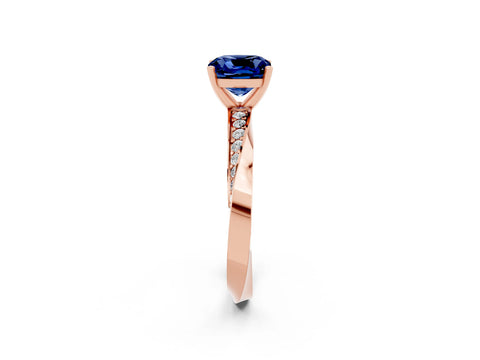 Rose gold Cushion Cut Blue Sapphire Engagement Ring with Side Stone Accents and Four-Prong Setting_29