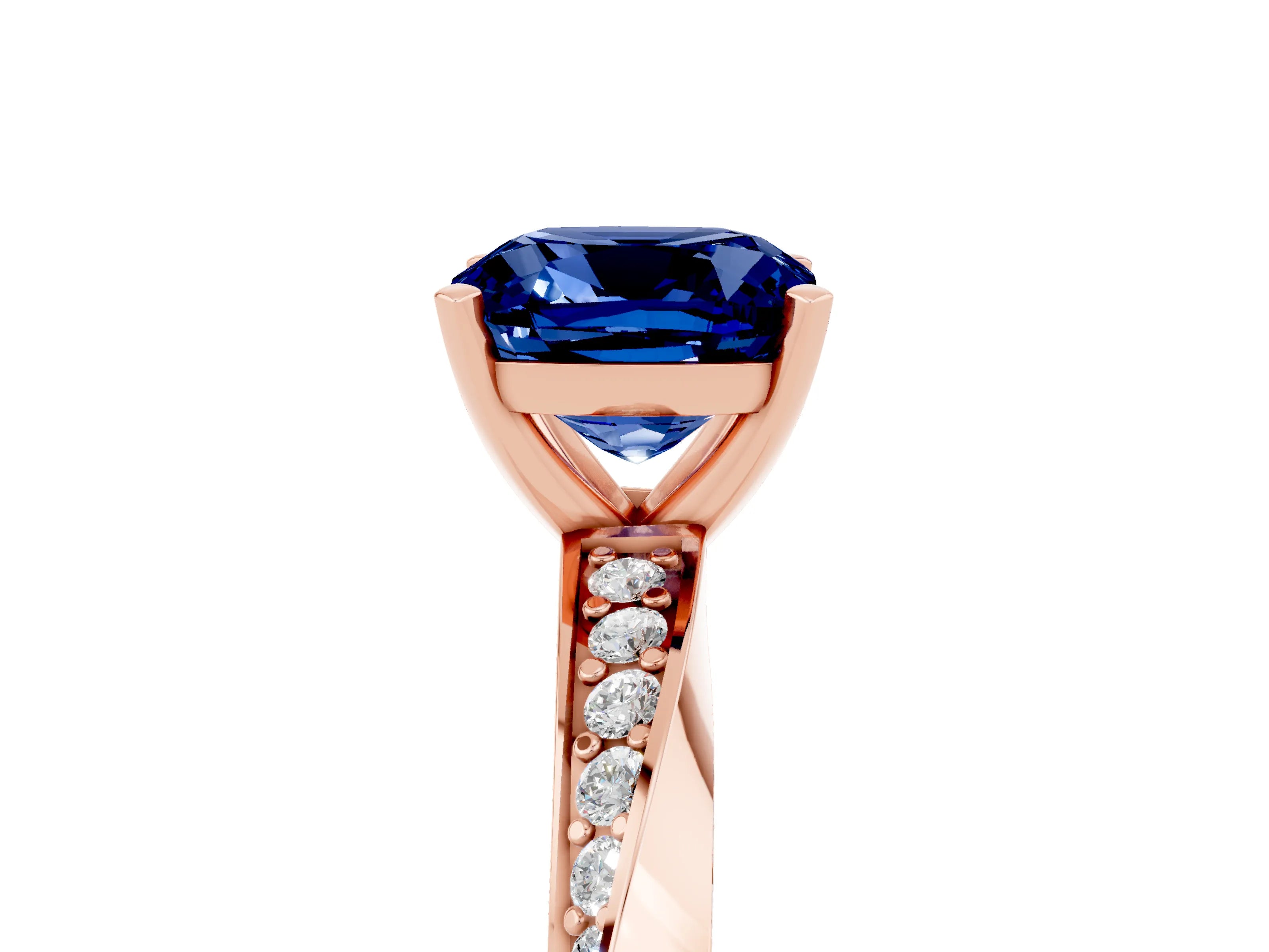 Rose gold Cushion Cut Blue Sapphire Engagement Ring with Side Stone Accents and Four-Prong Setting_32
