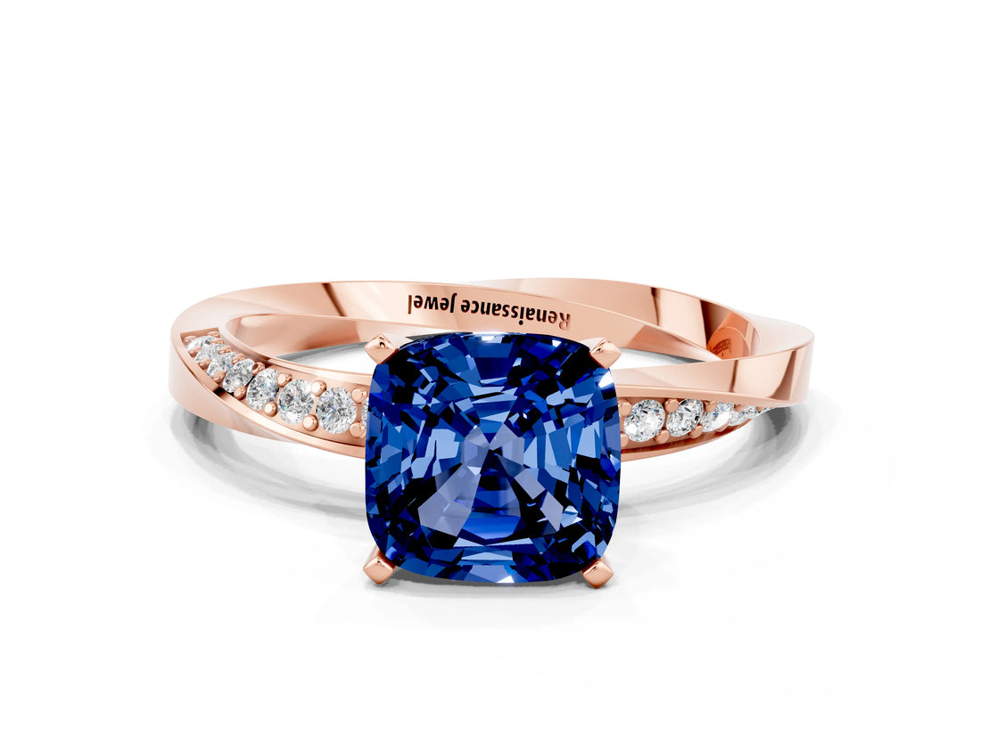 Rose gold Cushion Cut Blue Sapphire Engagement Ring with Side Stone Accents and Four-Prong Setting_84