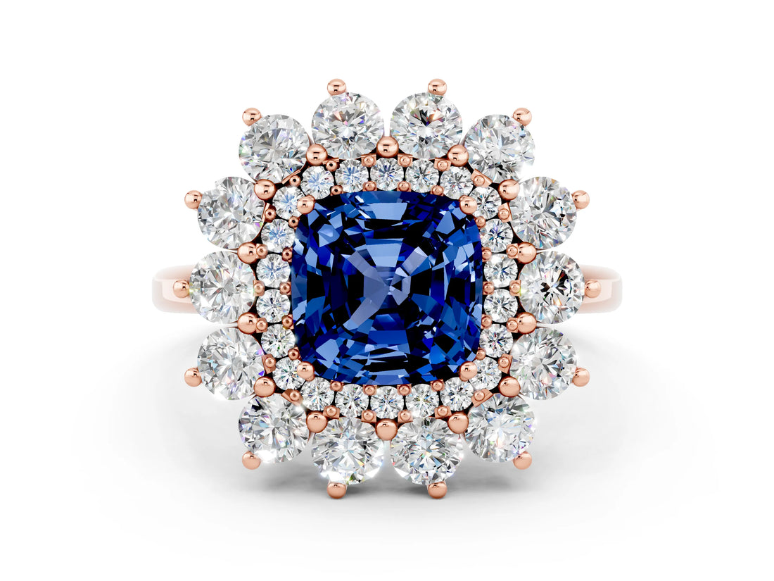 Rose gold Cushion Cut Blue Sapphire Floral Double Halo Engagement Ring with Prong Setting_60