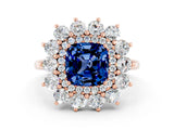 Rose gold Cushion Cut Blue Sapphire Floral Double Halo Engagement Ring with Prong Setting_60