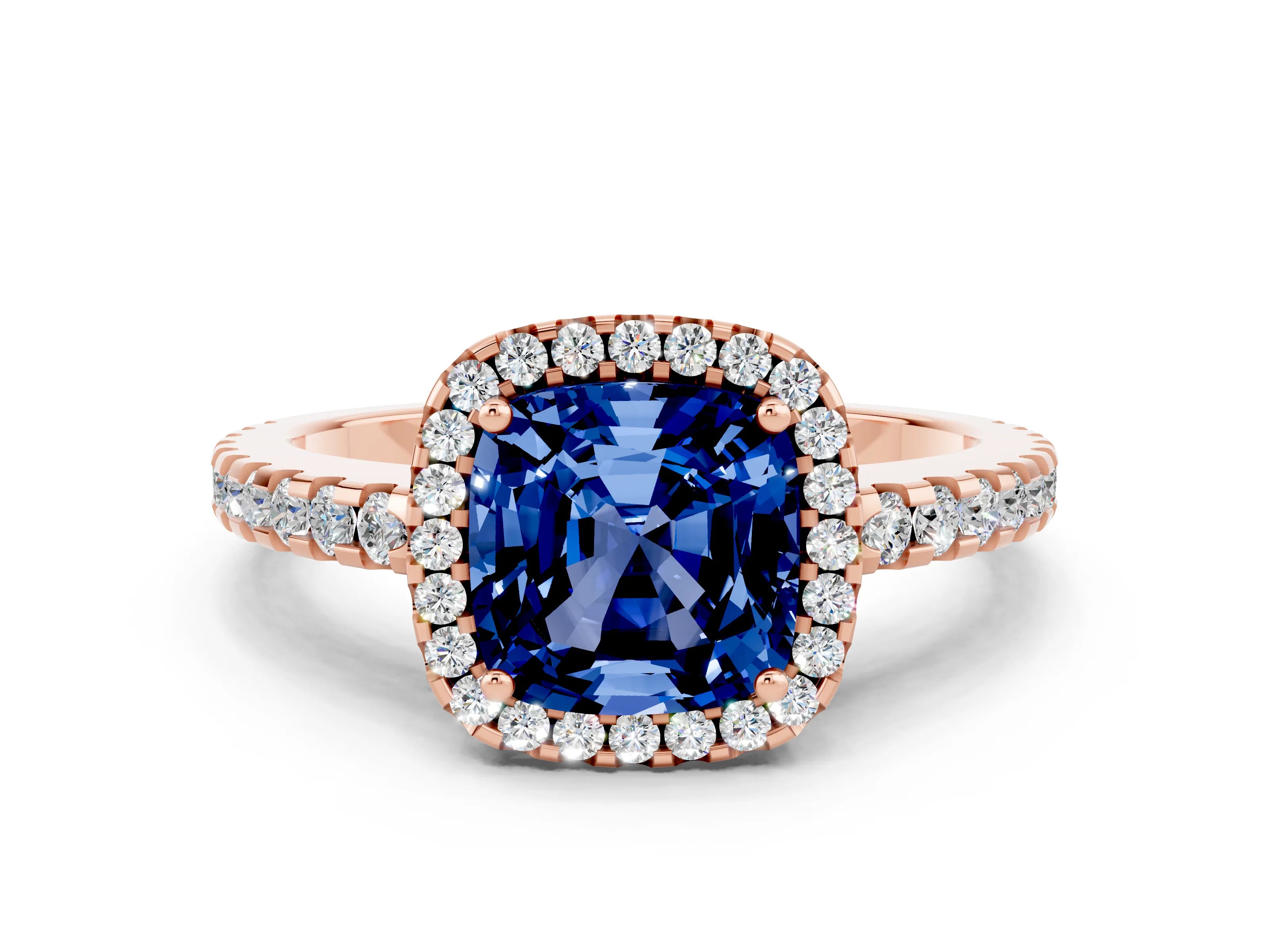 Rose gold Cushion Cut Blue Sapphire Halo Engagement Ring with Pavé Band and Prong Setting_12
