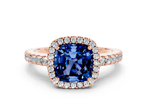 Rose gold Cushion Cut Blue Sapphire Halo Engagement Ring with Pavé Band and Prong Setting_12