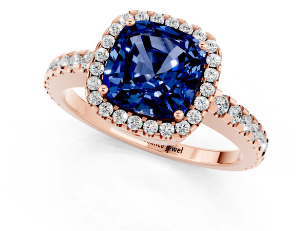 Rose gold Cushion Cut Blue Sapphire Halo Engagement Ring with Pavé Band and Prong Setting