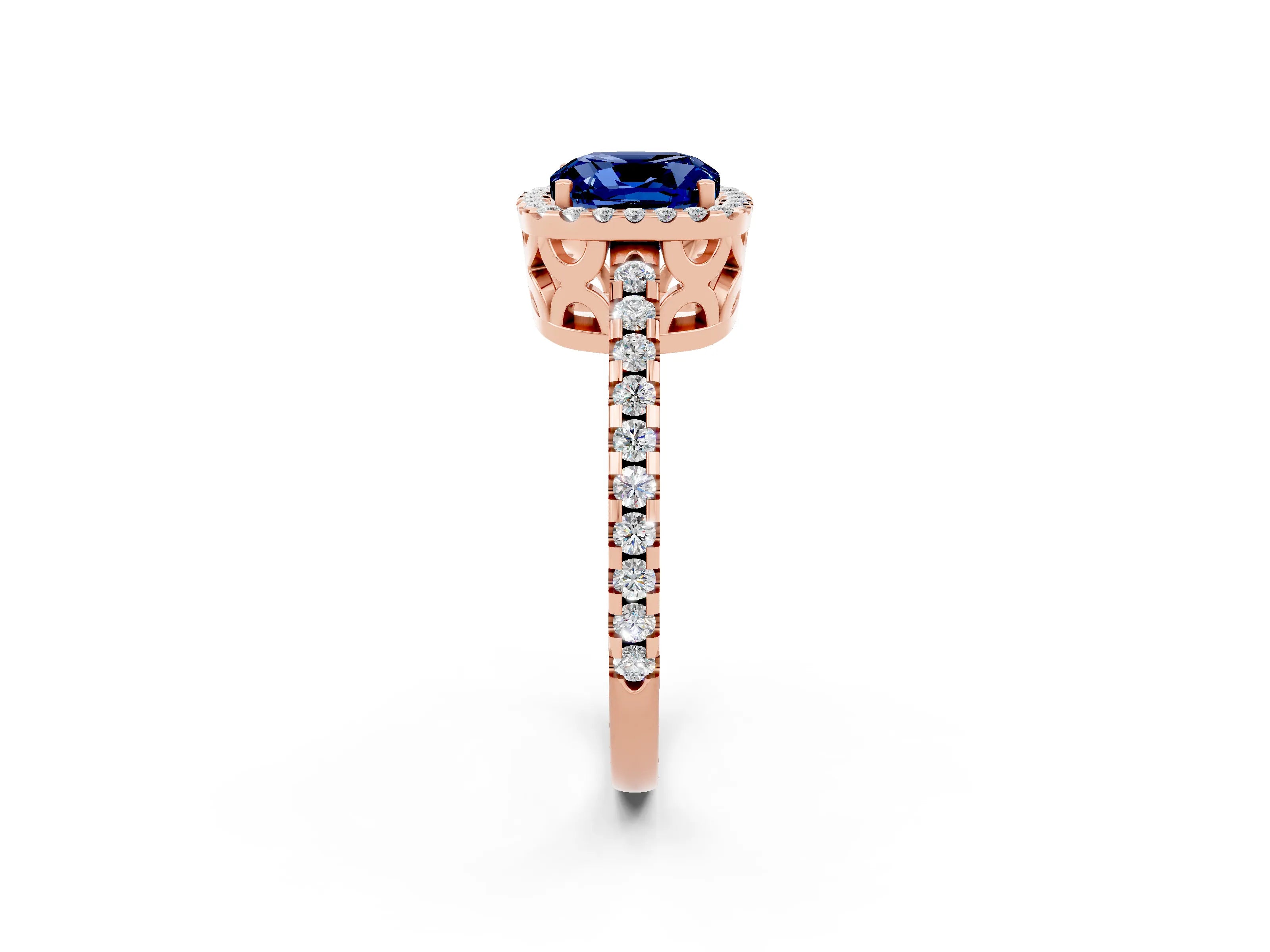 Rose gold Cushion Cut Blue Sapphire Halo Engagement Ring with Pavé Band and Prong Setting_14