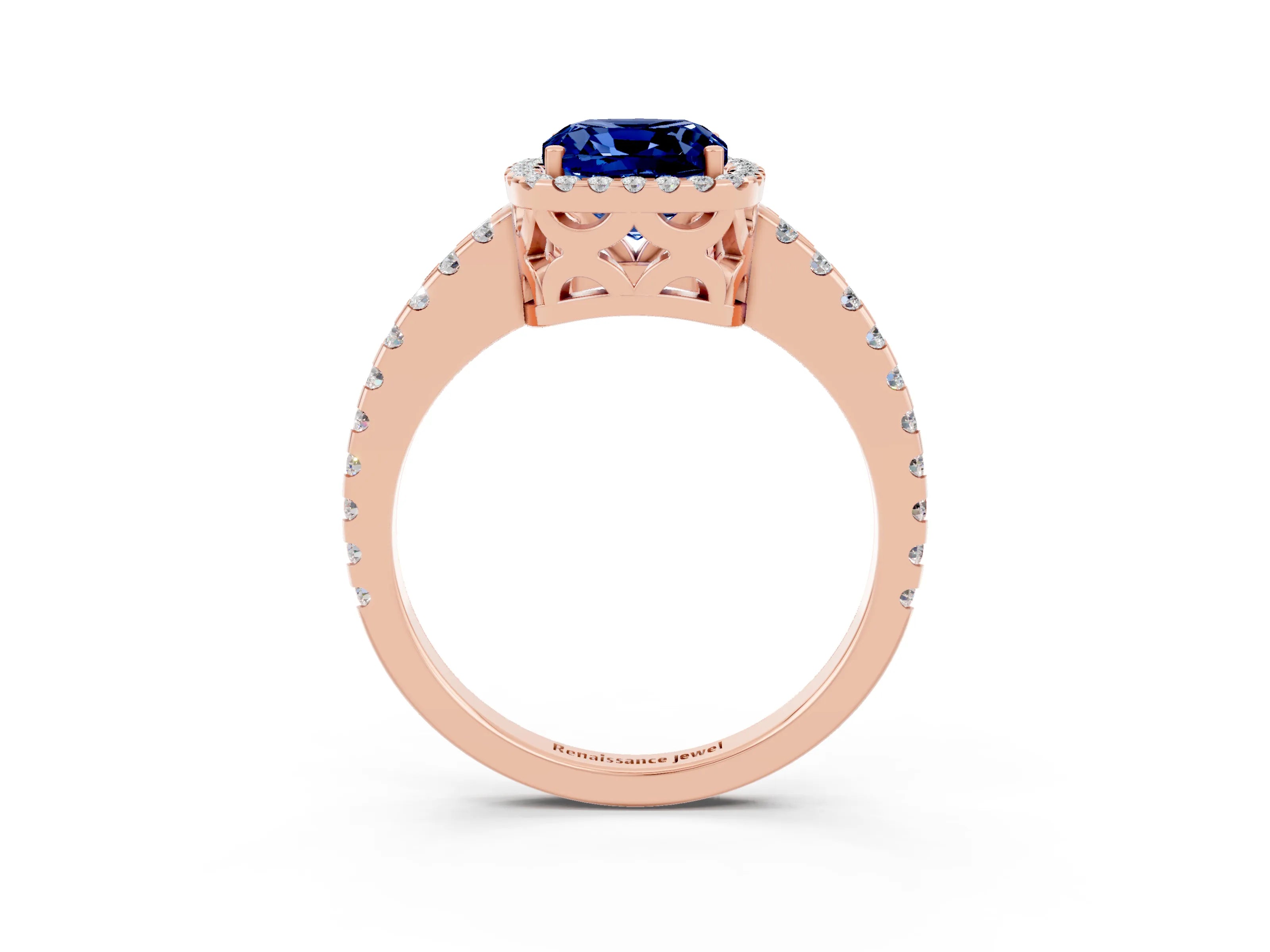 Rose gold Cushion Cut Blue Sapphire Halo Engagement Ring with Pavé Band and Prong Setting_15