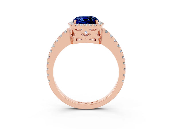 Rose gold Cushion Cut Blue Sapphire Halo Engagement Ring with Pavé Band and Prong Setting