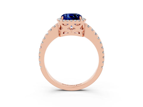 Rose gold Cushion Cut Blue Sapphire Halo Engagement Ring with Pavé Band and Prong Setting_15