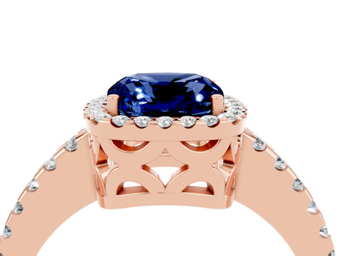 Rose gold Cushion Cut Blue Sapphire Halo Engagement Ring with Pavé Band and Prong Setting_16