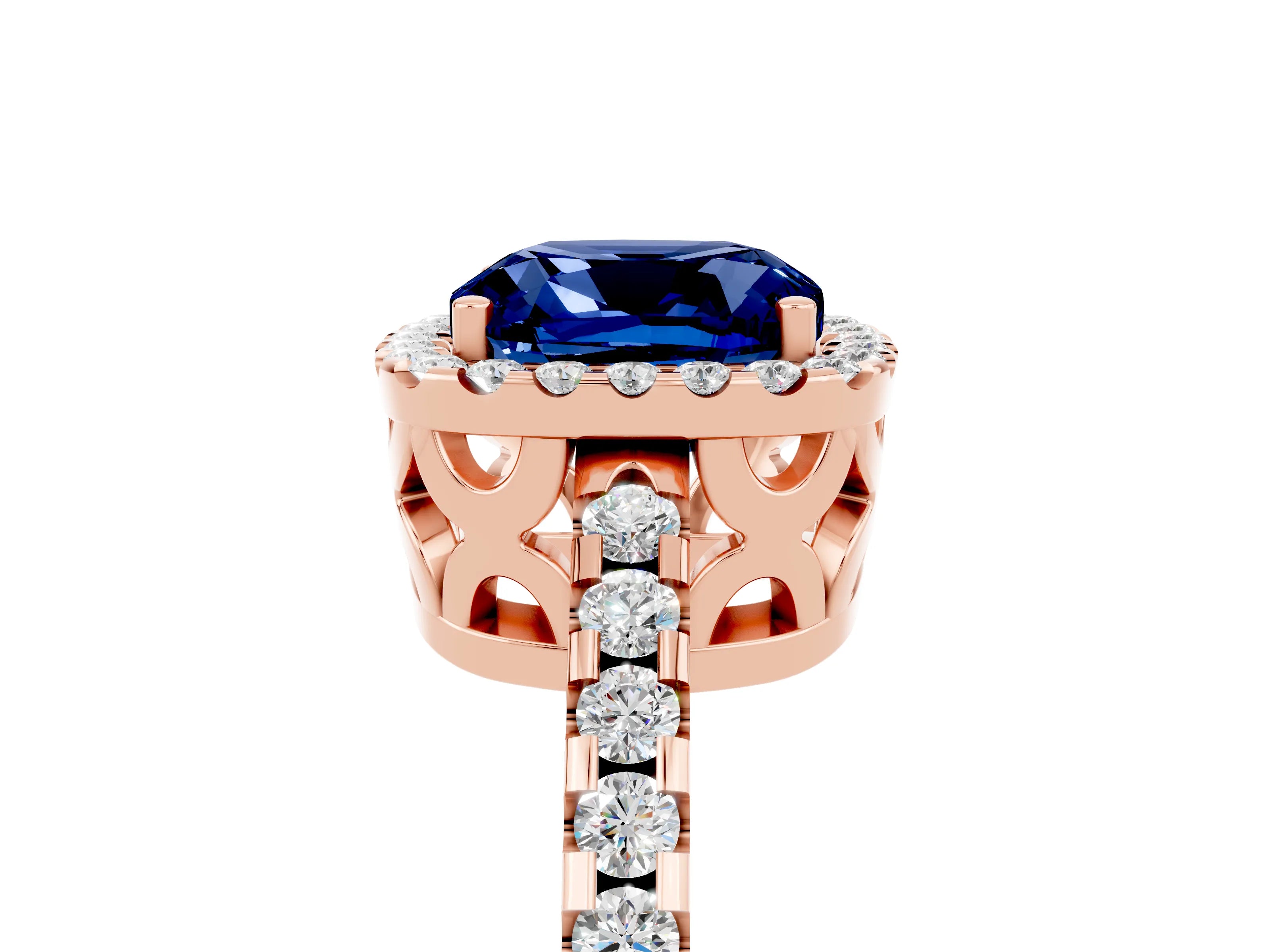 Rose gold Cushion Cut Blue Sapphire Halo Engagement Ring with Pavé Band and Prong Setting_17