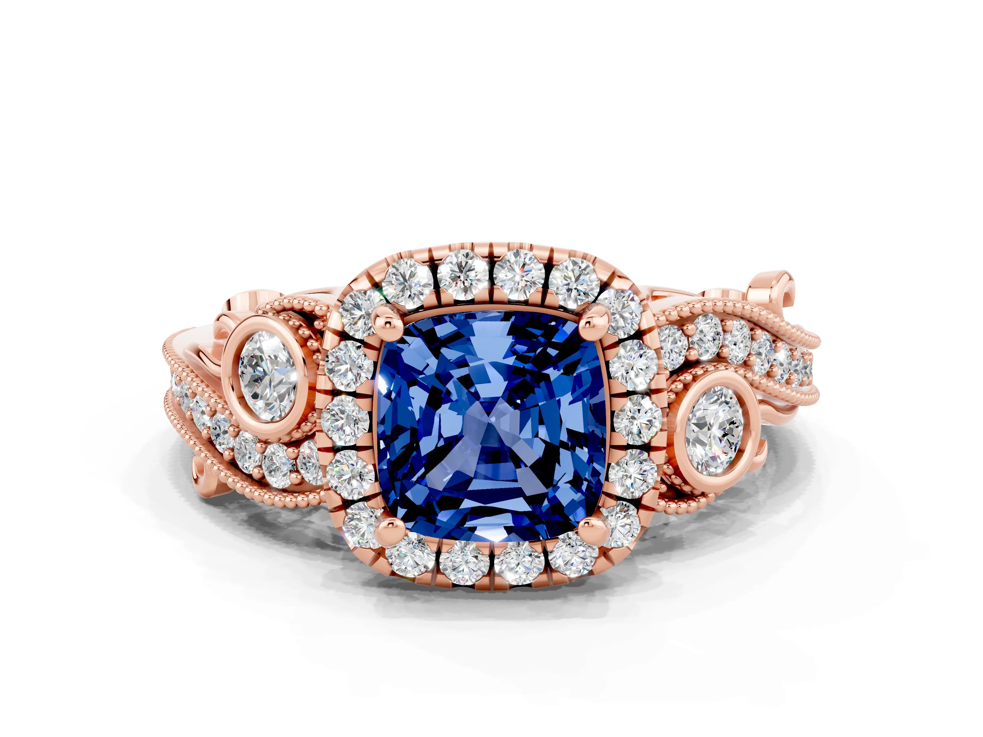 Rose gold Cushion Cut Blue Sapphire Halo Ring with Milgrain Pavé Band and Four-Prong Setting_12