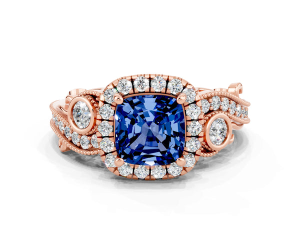 Rose gold Cushion Cut Blue Sapphire Halo Ring with Milgrain Pavé Band and Four-Prong Setting