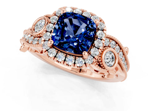 Rose gold Cushion Cut Blue Sapphire Halo Ring with Milgrain Pavé Band and Four-Prong Setting_13