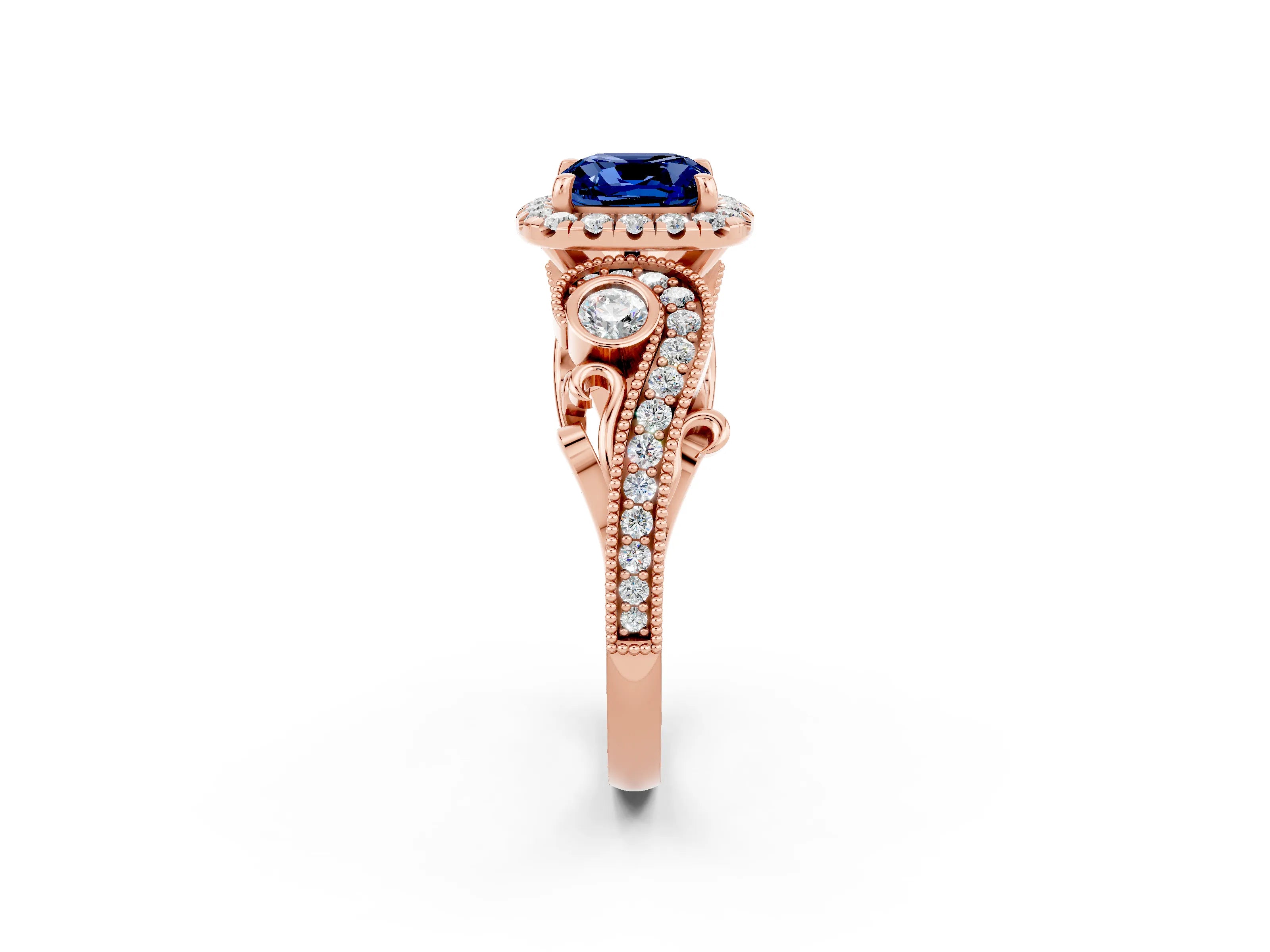 Rose gold Cushion Cut Blue Sapphire Halo Ring with Milgrain Pavé Band and Four-Prong Setting_14