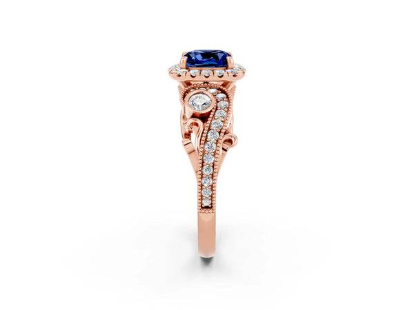 Rose gold Cushion Cut Blue Sapphire Halo Ring with Milgrain Pavé Band and Four-Prong Setting