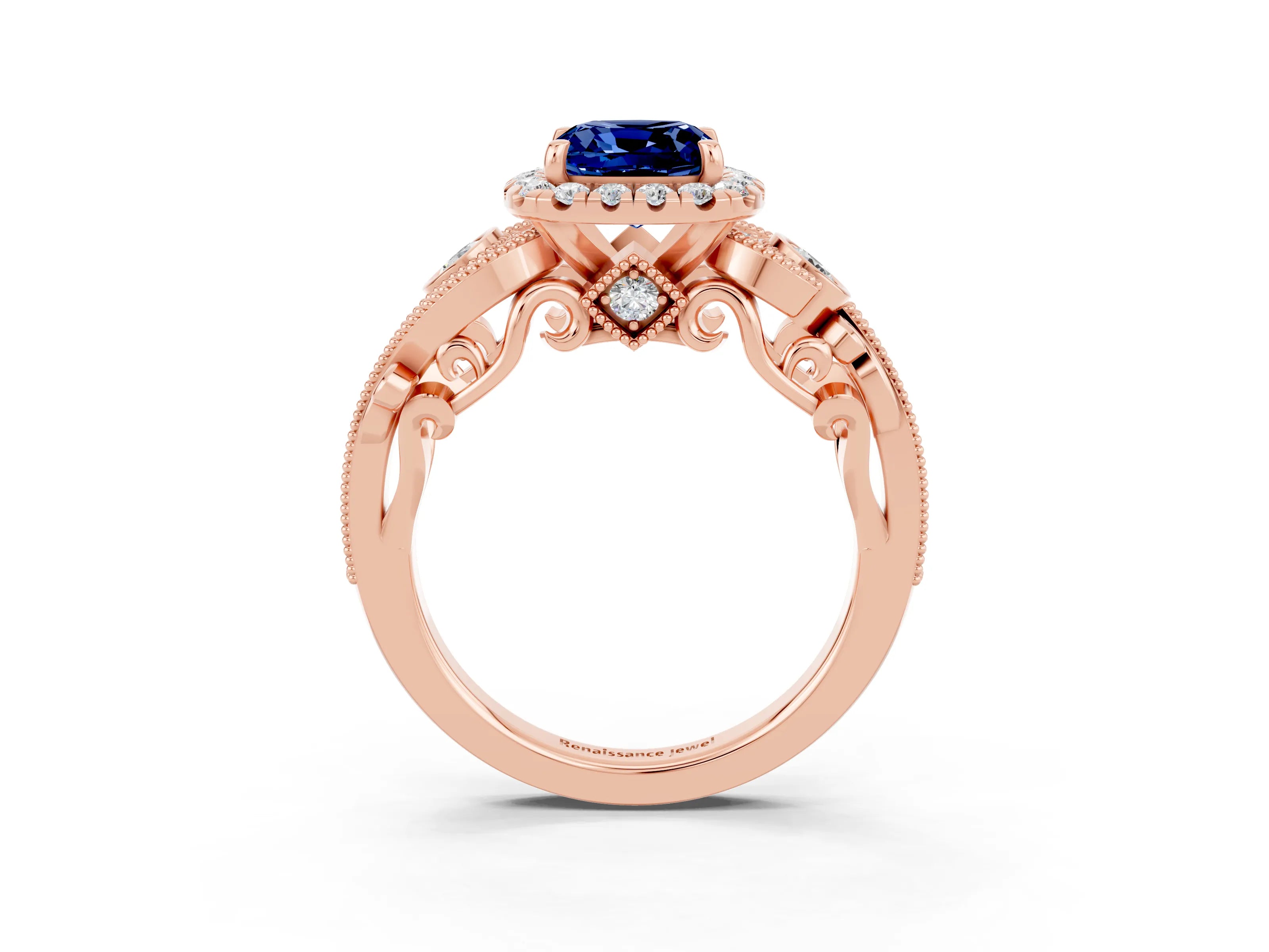 Rose gold Cushion Cut Blue Sapphire Halo Ring with Milgrain Pavé Band and Four-Prong Setting_15