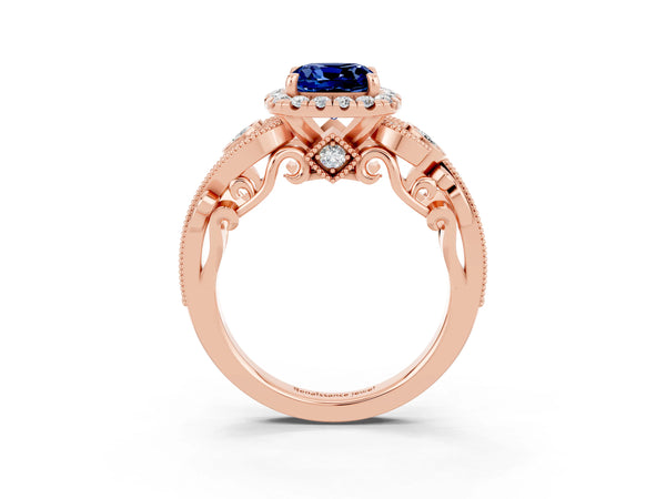 Rose gold Cushion Cut Blue Sapphire Halo Ring with Milgrain Pavé Band and Four-Prong Setting