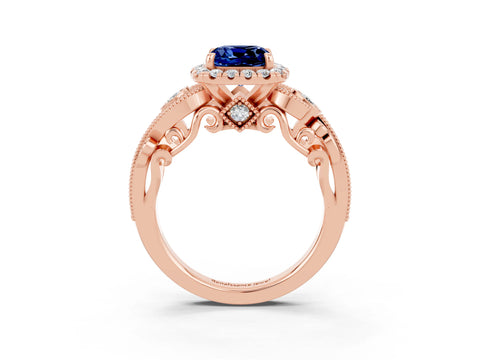 Rose gold Cushion Cut Blue Sapphire Halo Ring with Milgrain Pavé Band and Four-Prong Setting_15