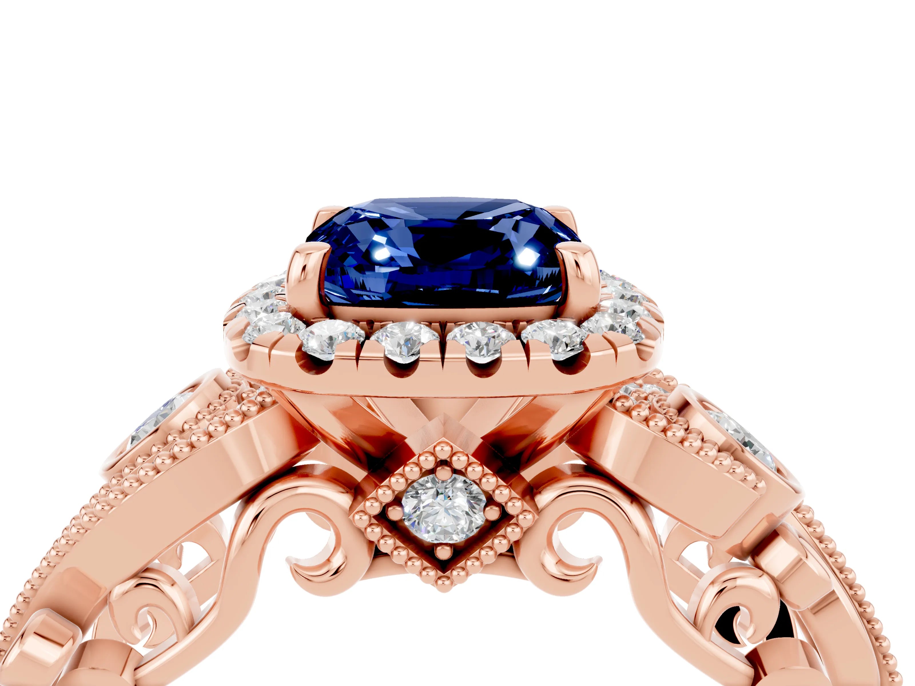 Rose gold Cushion Cut Blue Sapphire Halo Ring with Milgrain Pavé Band and Four-Prong Setting_16